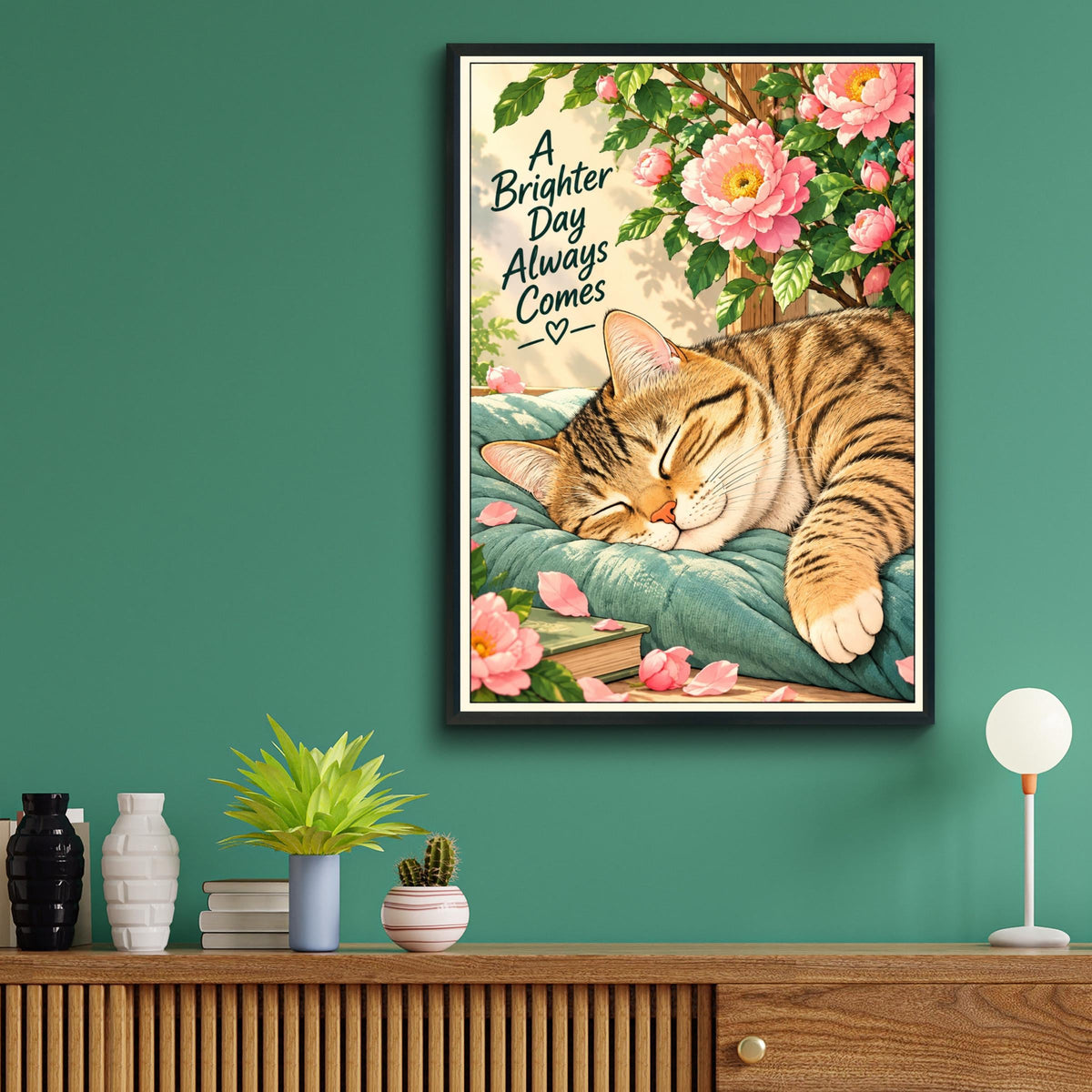 Sleeping Tabby Cat Poster, Pink Peony Wall Art, Cosy Cat Lover Print, Positive Quote Nursery Decor