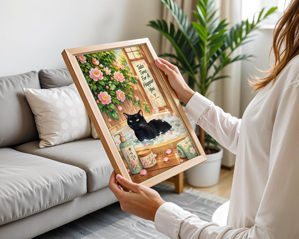 Black Cat Bath Poster, Japanese Spa Wall Art, Pink Peony Bathroom Print, Cute Self Care Quote