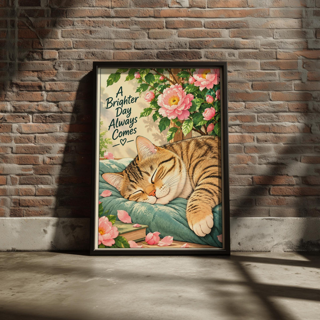 Sleeping Tabby Cat Poster, Pink Peony Wall Art, Cosy Cat Lover Print, Positive Quote Nursery Decor