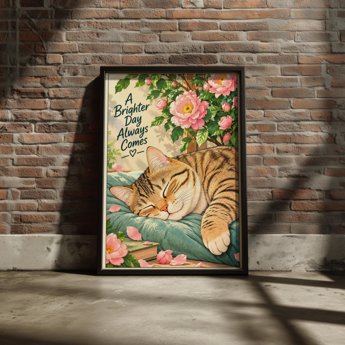 Sleeping Tabby Cat Poster, Pink Peony Wall Art, Cosy Cat Lover Print, Positive Quote Nursery Decor