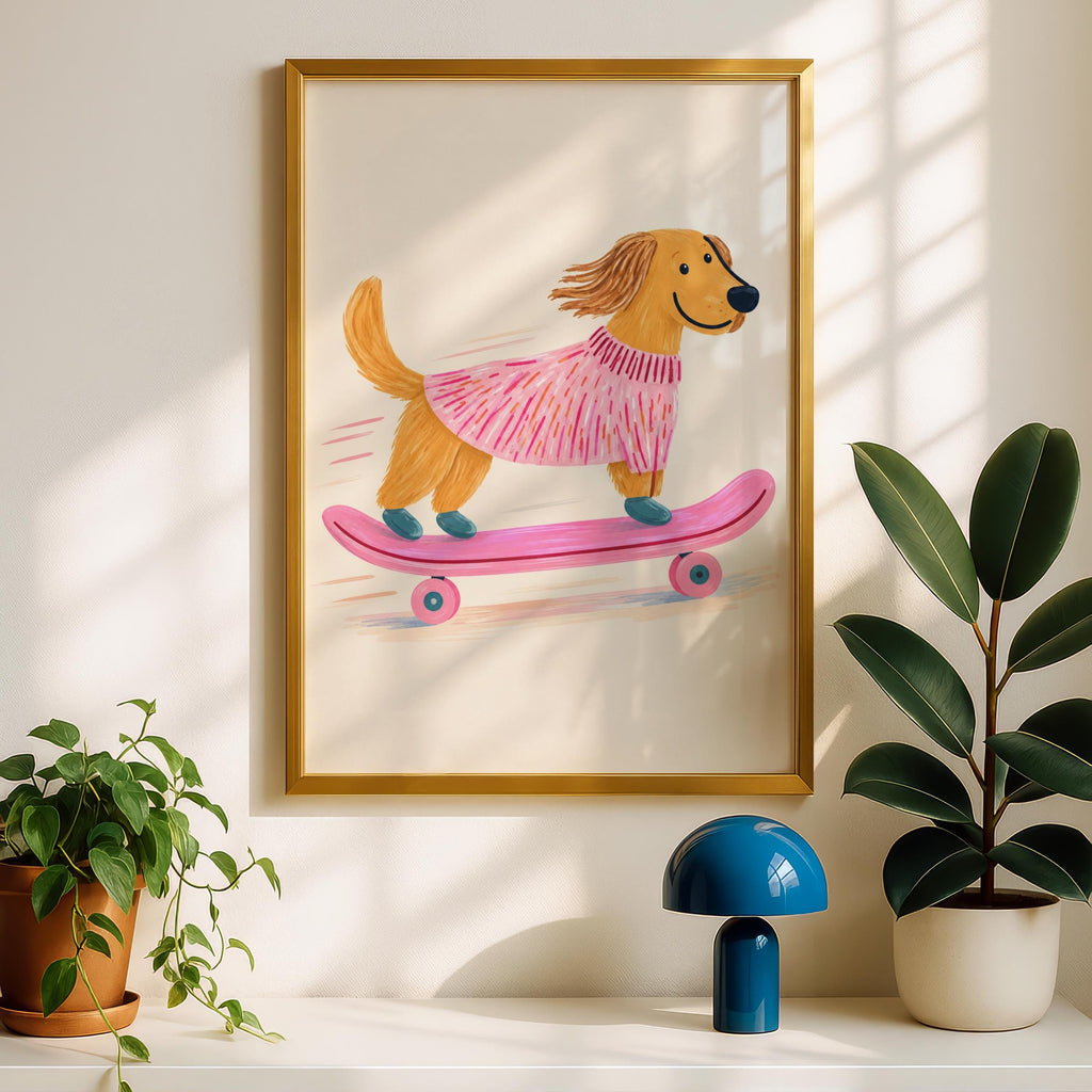 Skateboarding Dog Print, Golden Retriever in Pink Jumper, Whimsical Nursery Wall Art, Kids Room
