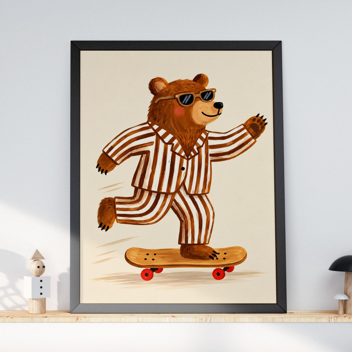Skateboarding Bear Wall Art, Cool Bear in Sunglasses, Striped Pyjamas Print, Quirky Nursery Poster