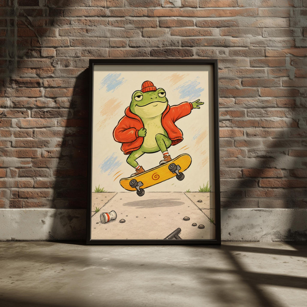 Skateboarding Frog Wall Art, Funny Animal Print, Cartoon Frog Poster, Quirky Kids Room Decor