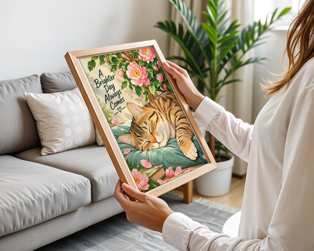 Sleeping Tabby Cat Poster, Pink Peony Wall Art, Cosy Cat Lover Print, Positive Quote Nursery Decor