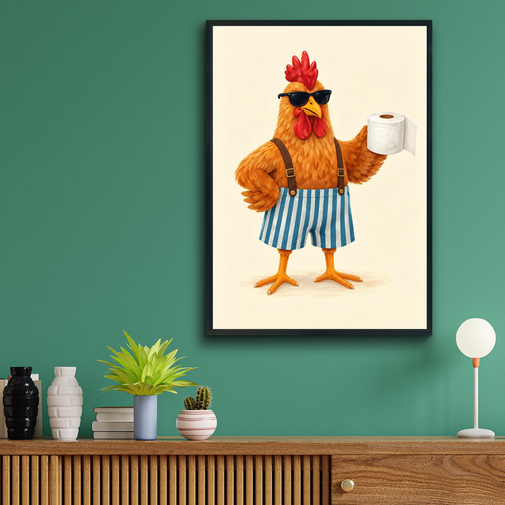 Funny Rooster Bathroom Wall Art, Toilet Roll Poster, Quirky Chicken Print, Humorous Loo Decor