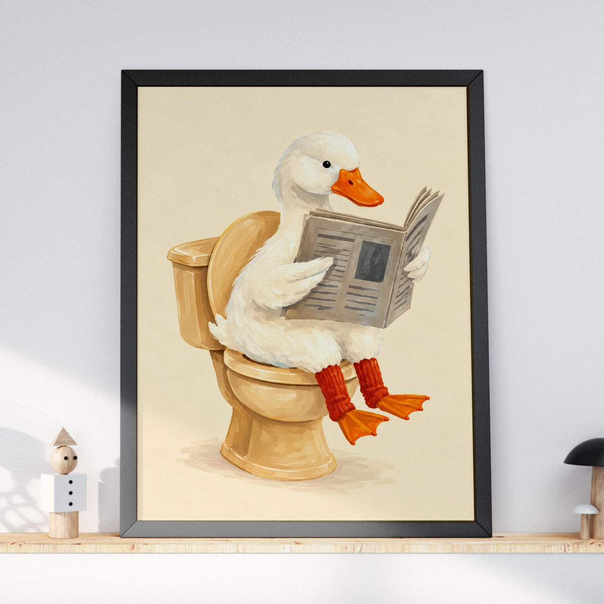 Funny Duck on Toilet Reading Newspaper, Quirky Bathroom Wall Art, Humorous Animal Poster Print