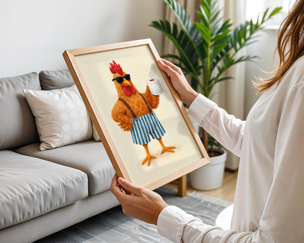 Funny Rooster Bathroom Wall Art, Toilet Roll Poster, Quirky Chicken Print, Humorous Loo Decor
