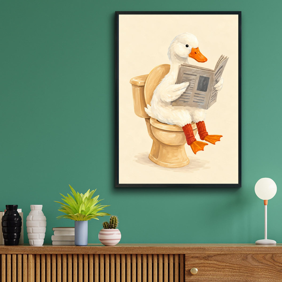 Funny Duck on Toilet Reading Newspaper, Quirky Bathroom Wall Art, Humorous Animal Poster Print