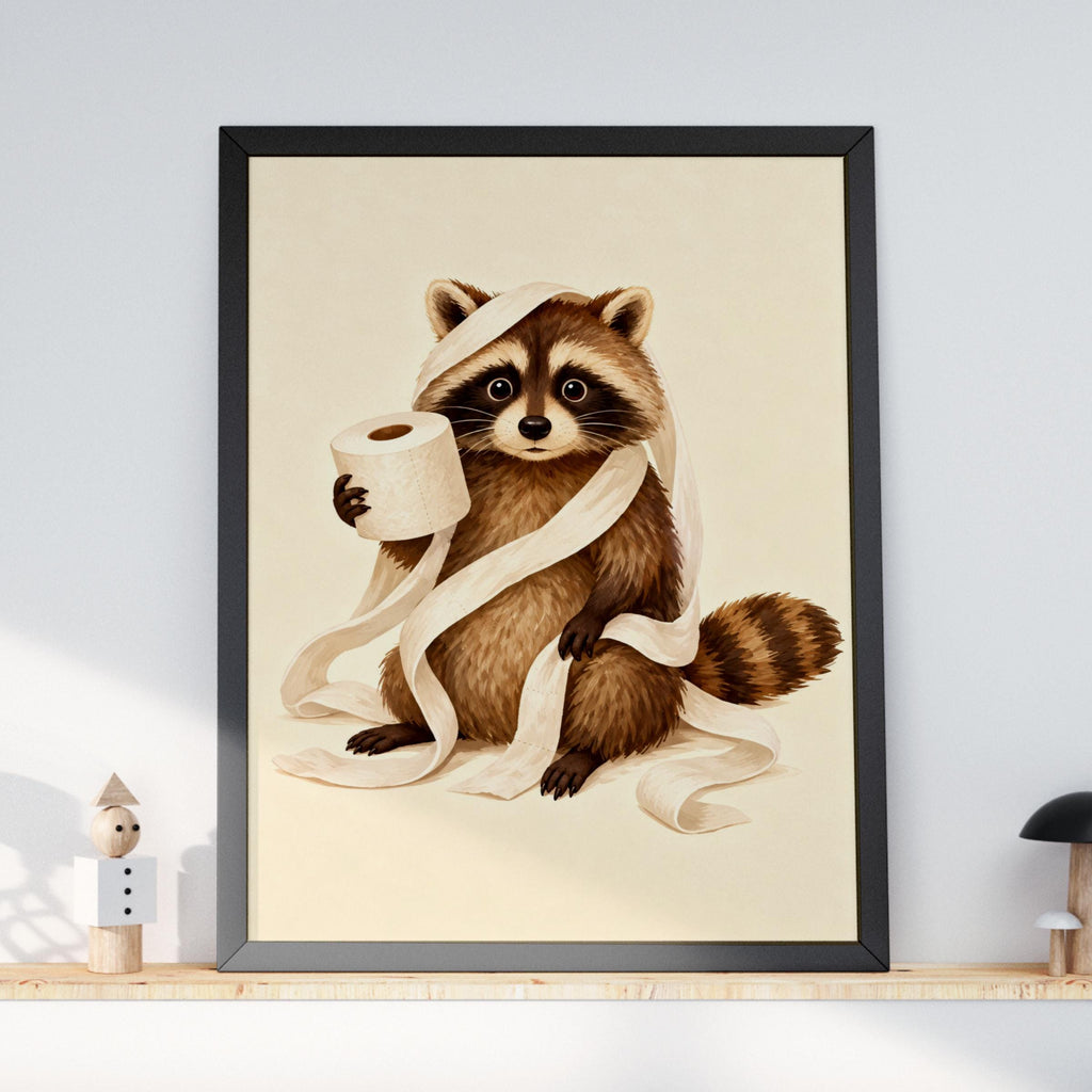 Funny Raccoon Bathroom Wall Art, Toilet Roll Print, Quirky Animal Poster, Loo Humour Decor