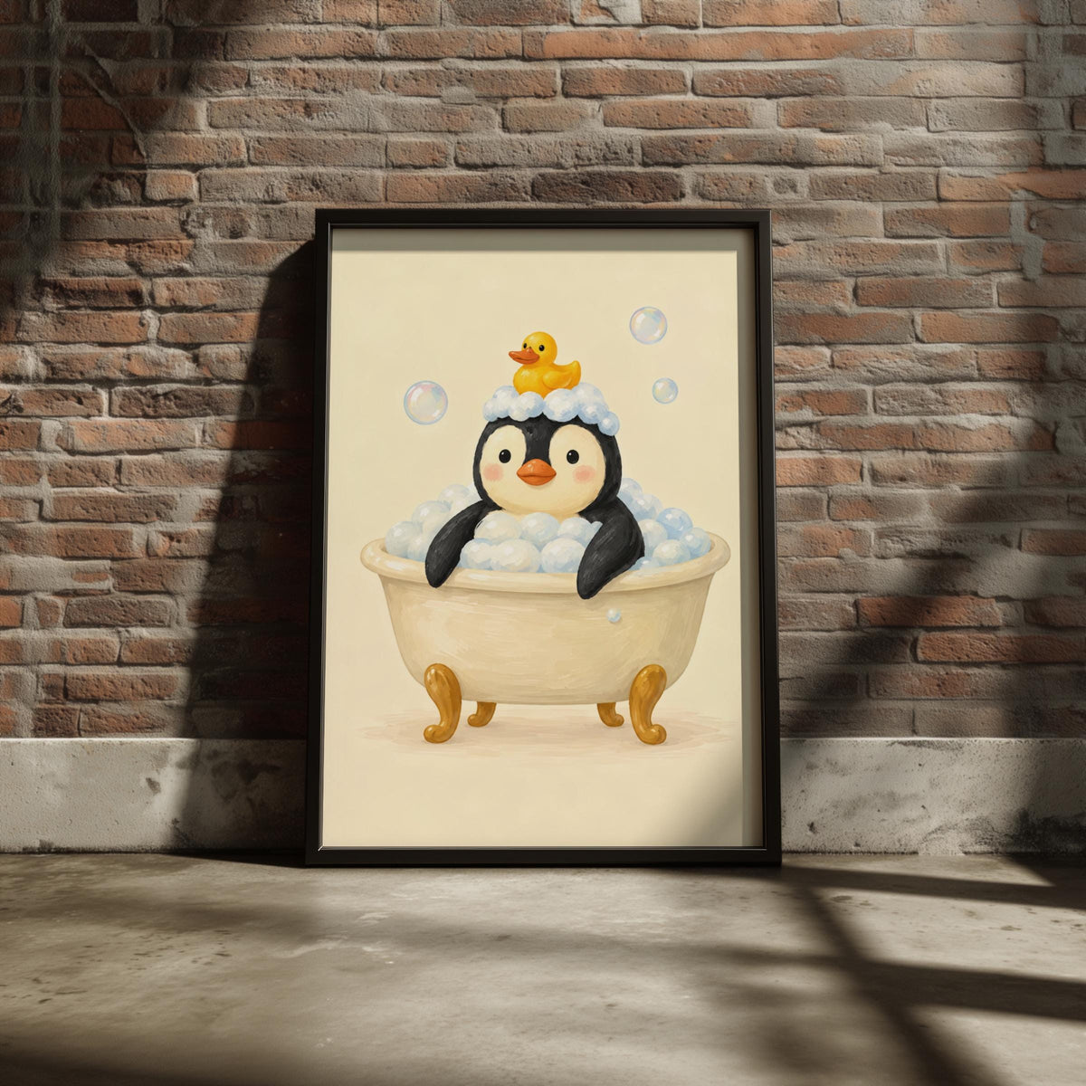 Penguin Bubble Bath Print, Cute Bathroom Wall Art, Rubber Duck Poster, Nursery Animal Decor