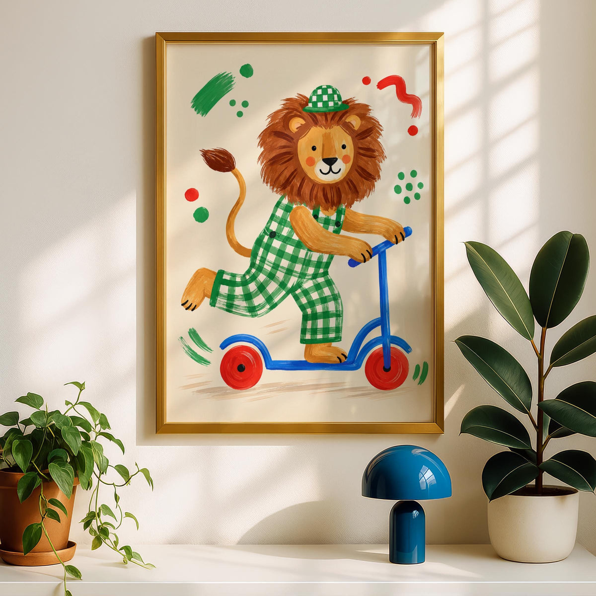 Lion on Scooter Nursery Wall Art, Children's Animal Print, Green Gingham, Playroom Poster, Kids Room