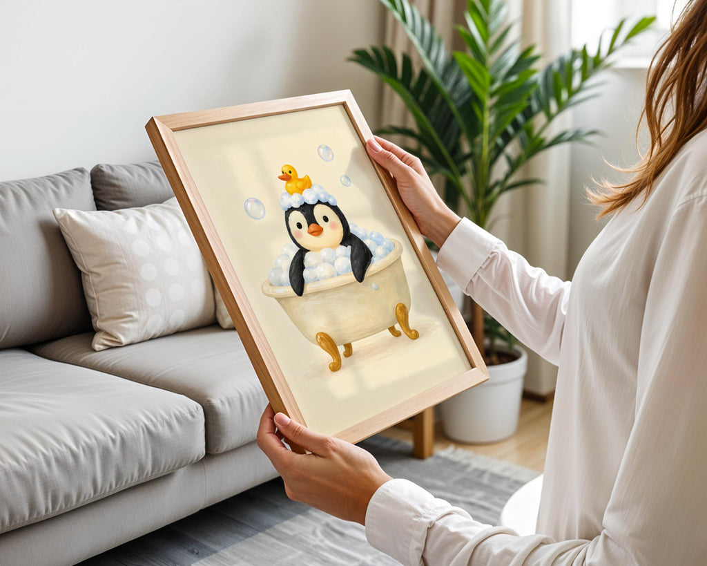 Penguin Bubble Bath Print, Cute Bathroom Wall Art, Rubber Duck Poster, Nursery Animal Decor
