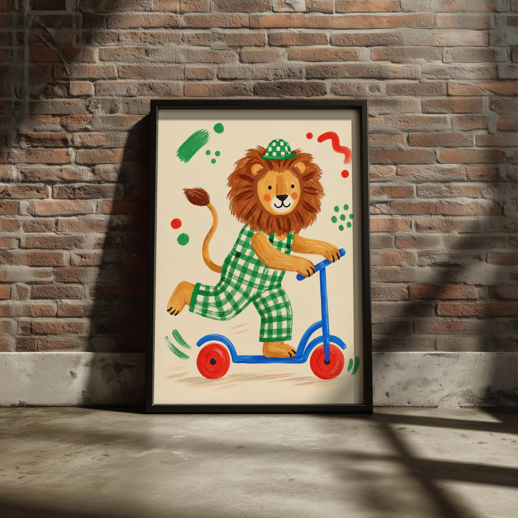 Lion on Scooter Nursery Wall Art, Children's Animal Print, Green Gingham, Playroom Poster, Kids Room