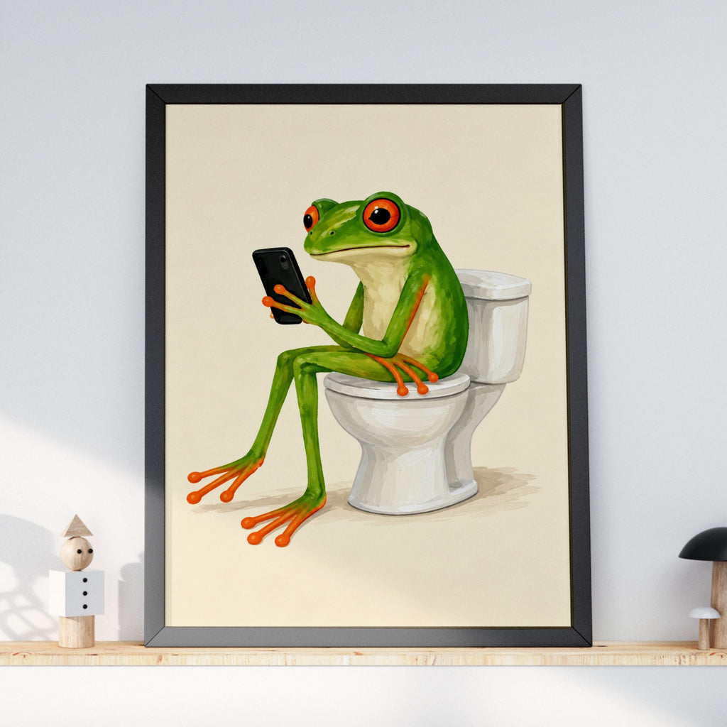 Funny Frog Bathroom Print, Red Eyed Tree Frog on Toilet, Quirky Loo Wall Art, Humorous WC Poster