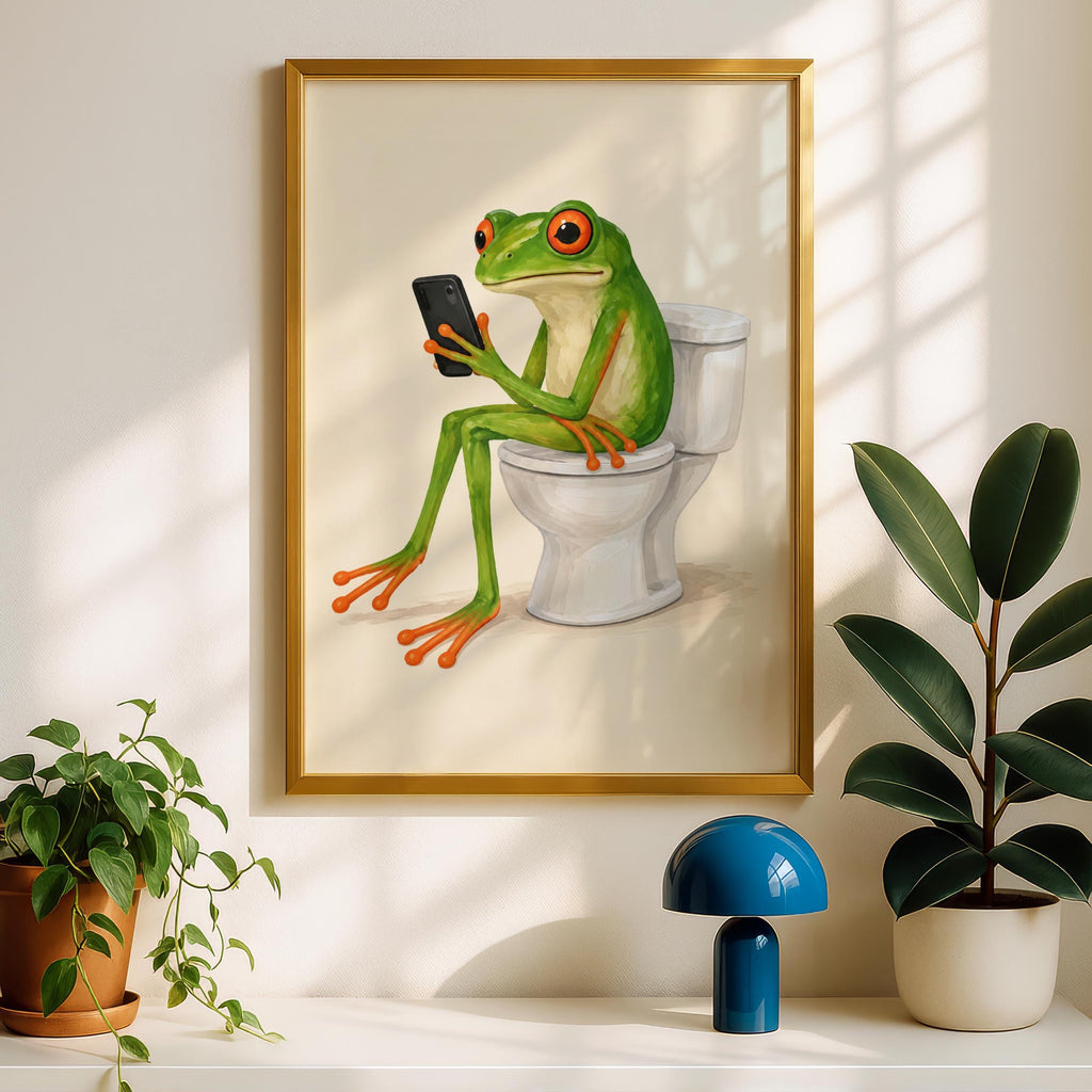 Funny Frog Bathroom Print, Red Eyed Tree Frog on Toilet, Quirky Loo Wall Art, Humorous WC Poster