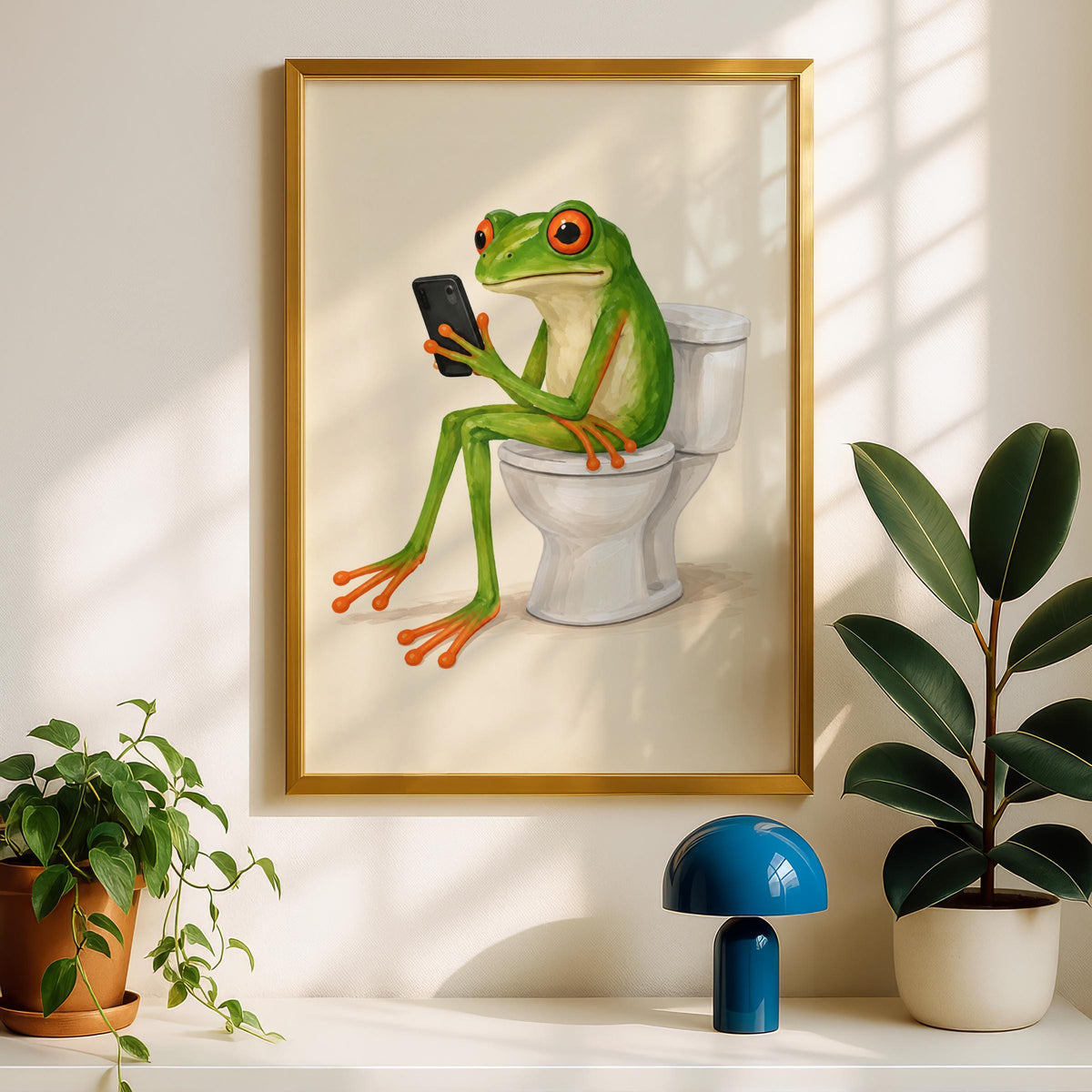 Funny Frog Bathroom Print, Red Eyed Tree Frog on Toilet, Quirky Loo Wall Art, Humorous WC Poster