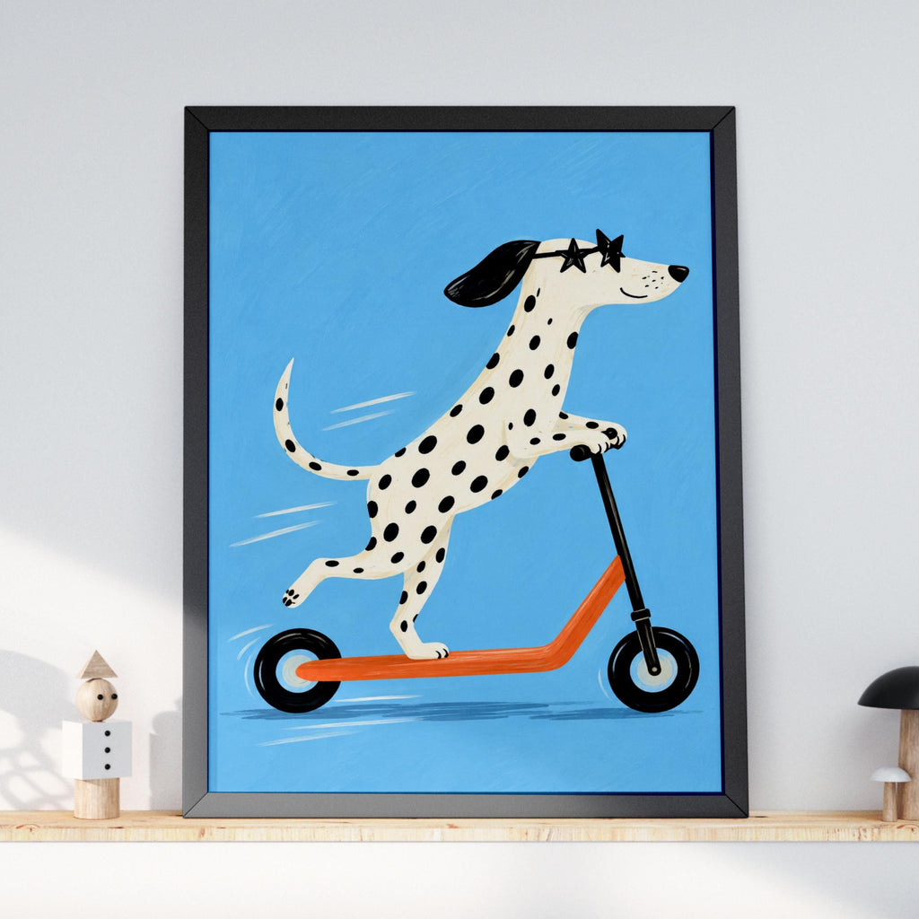 Dalmatian Riding Scooter Print, Funny Dog Wall Art, Quirky Animal Poster, Blue Nursery Decor