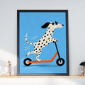 Dalmatian Riding Scooter Print, Funny Dog Wall Art, Quirky Animal Poster, Blue Nursery Decor