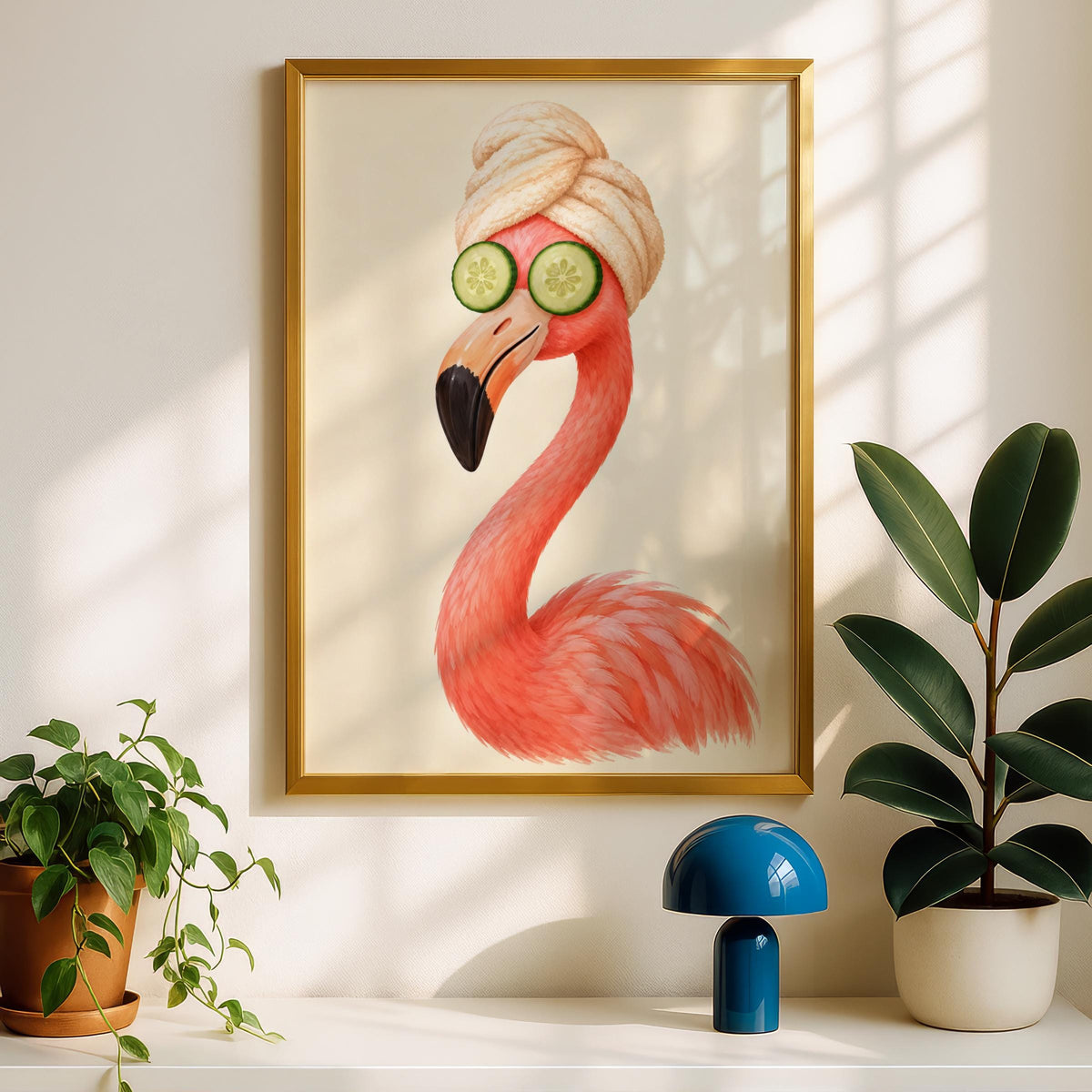 Flamingo Spa Day Print, Funny Bathroom Wall Art, Pink Bird Poster, Cucumber Eyes Towel Turban Decor