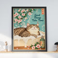Cat Bath Poster, Japanese Cherry Blossom Wall Art, Bathroom Print, Good Things Take Time Quote