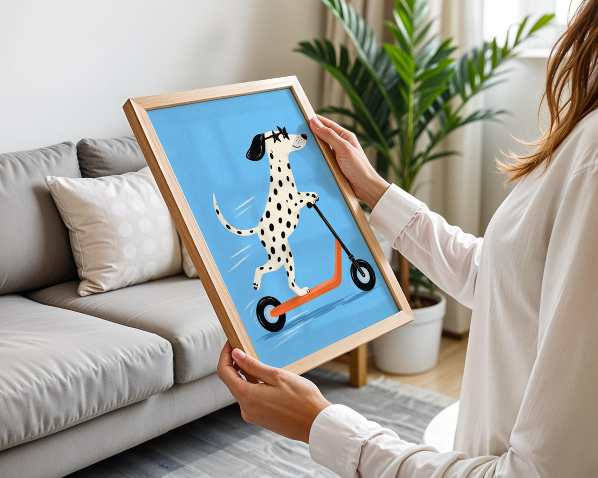 Dalmatian Riding Scooter Print, Funny Dog Wall Art, Quirky Animal Poster, Blue Nursery Decor