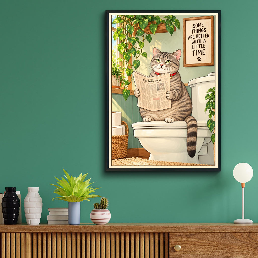 Funny Cat Bathroom Poster, Tabby Cat Reading Newspaper on Toilet, Quirky Loo Wall Art