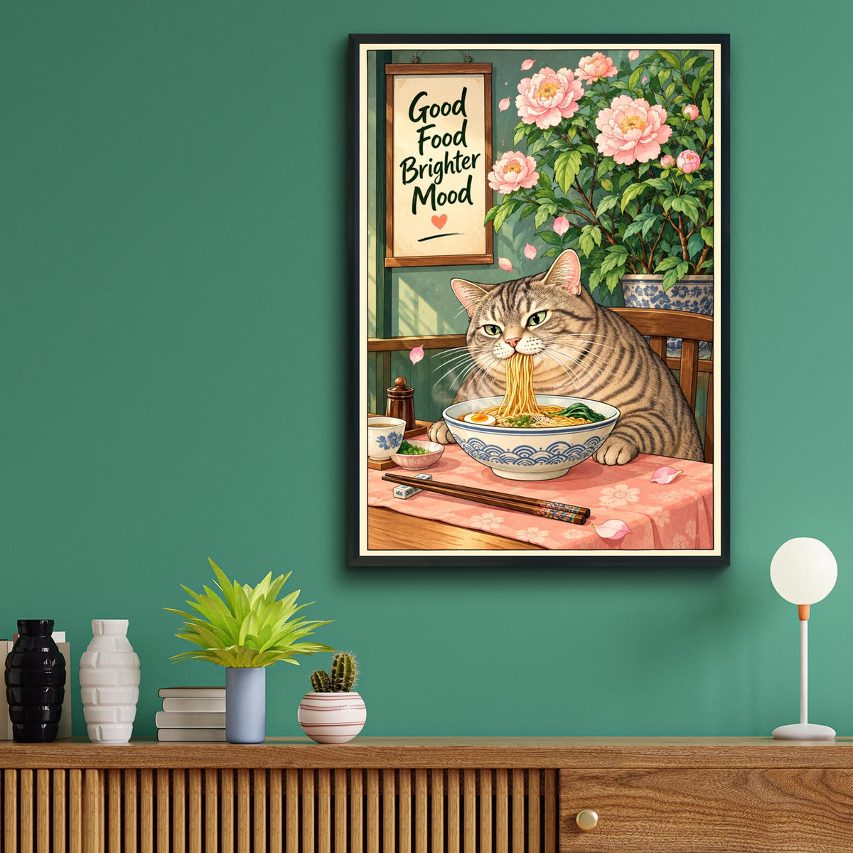 Cat Eating Ramen Wall Art, Kitchen Poster, Pink Peony Print, Japanese Style, Funny Foodie Quote