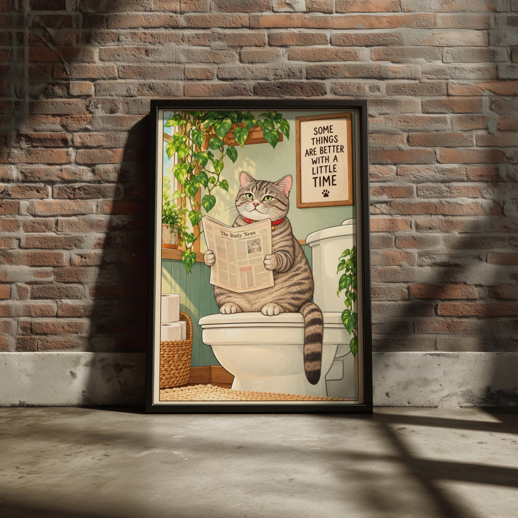 Funny Cat Bathroom Poster, Tabby Cat Reading Newspaper on Toilet, Quirky Loo Wall Art