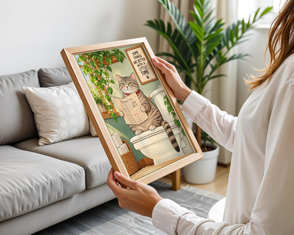 Funny Cat Bathroom Poster, Tabby Cat Reading Newspaper on Toilet, Quirky Loo Wall Art