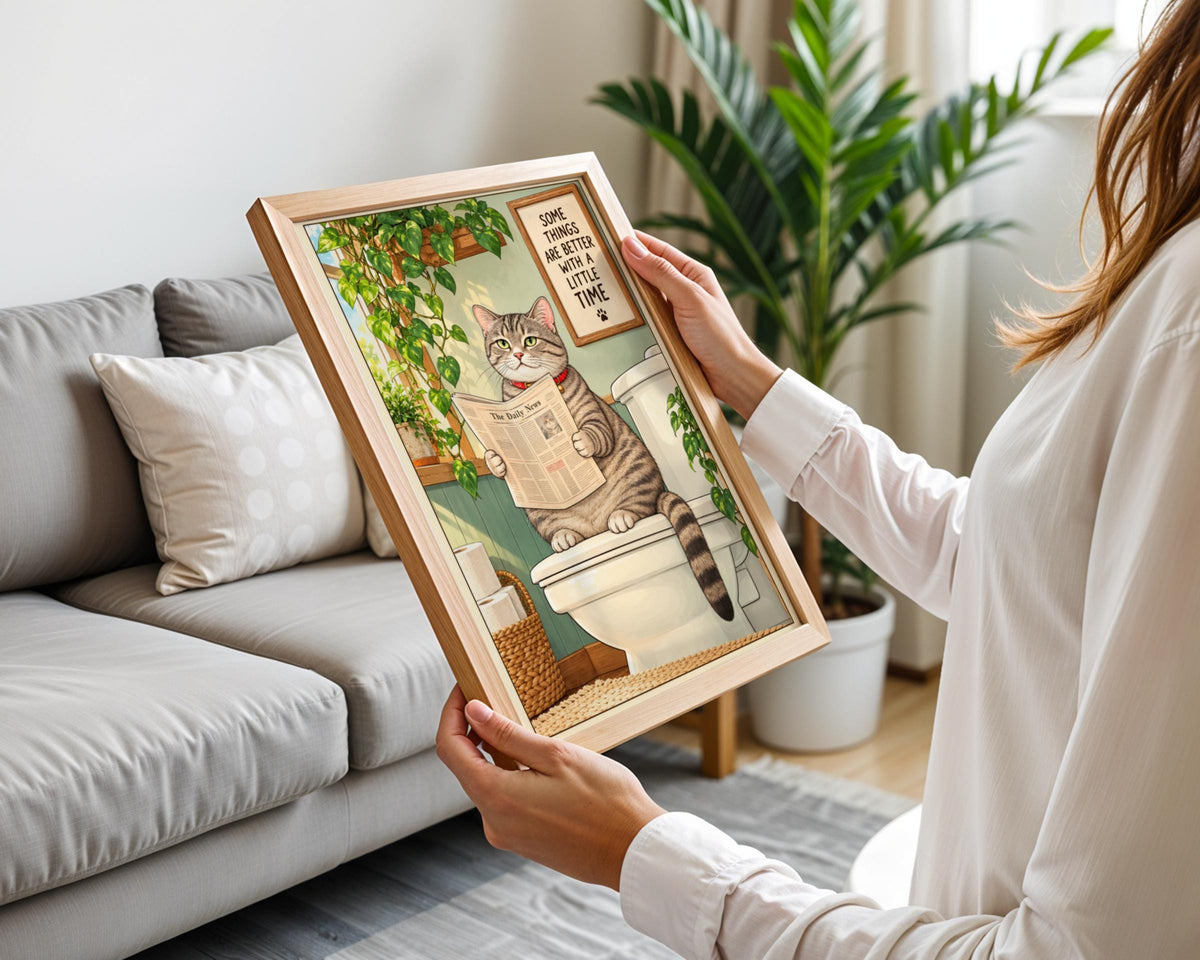 Funny Cat Bathroom Poster, Tabby Cat Reading Newspaper on Toilet, Quirky Loo Wall Art