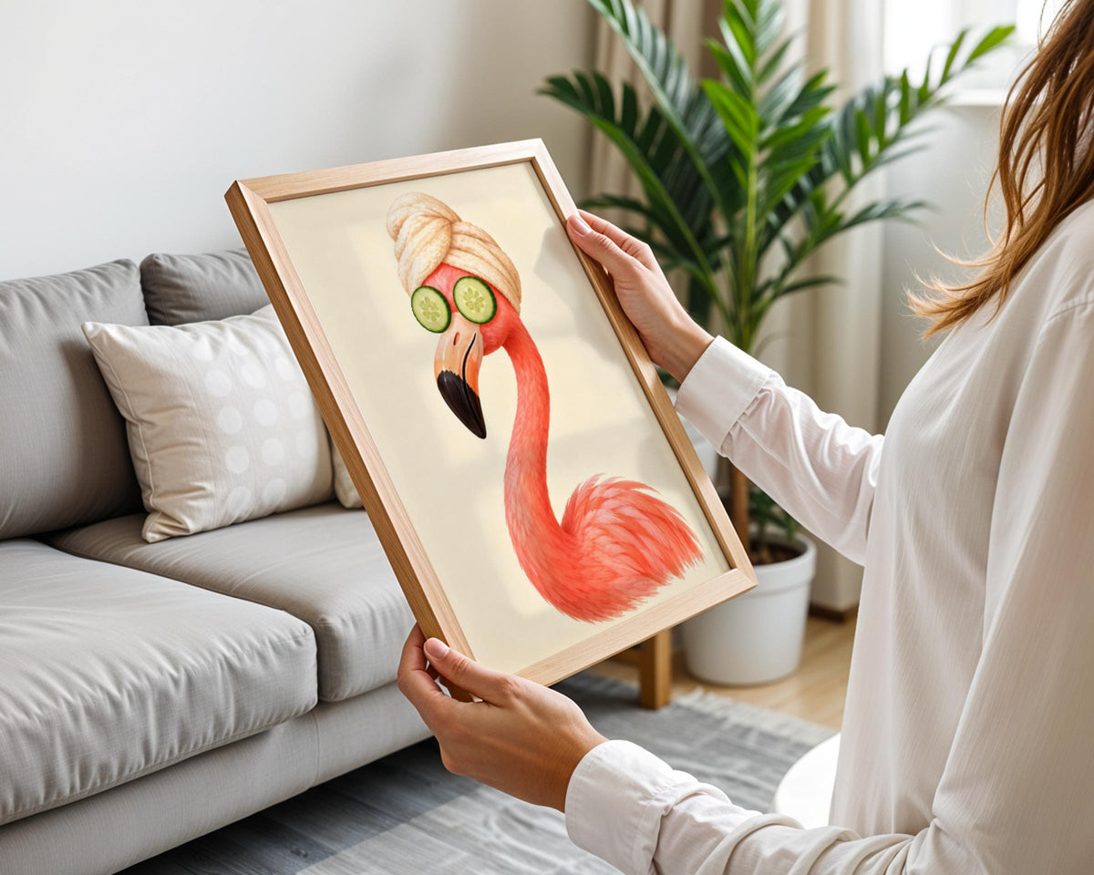 Flamingo Spa Day Print, Funny Bathroom Wall Art, Pink Bird Poster, Cucumber Eyes Towel Turban Decor
