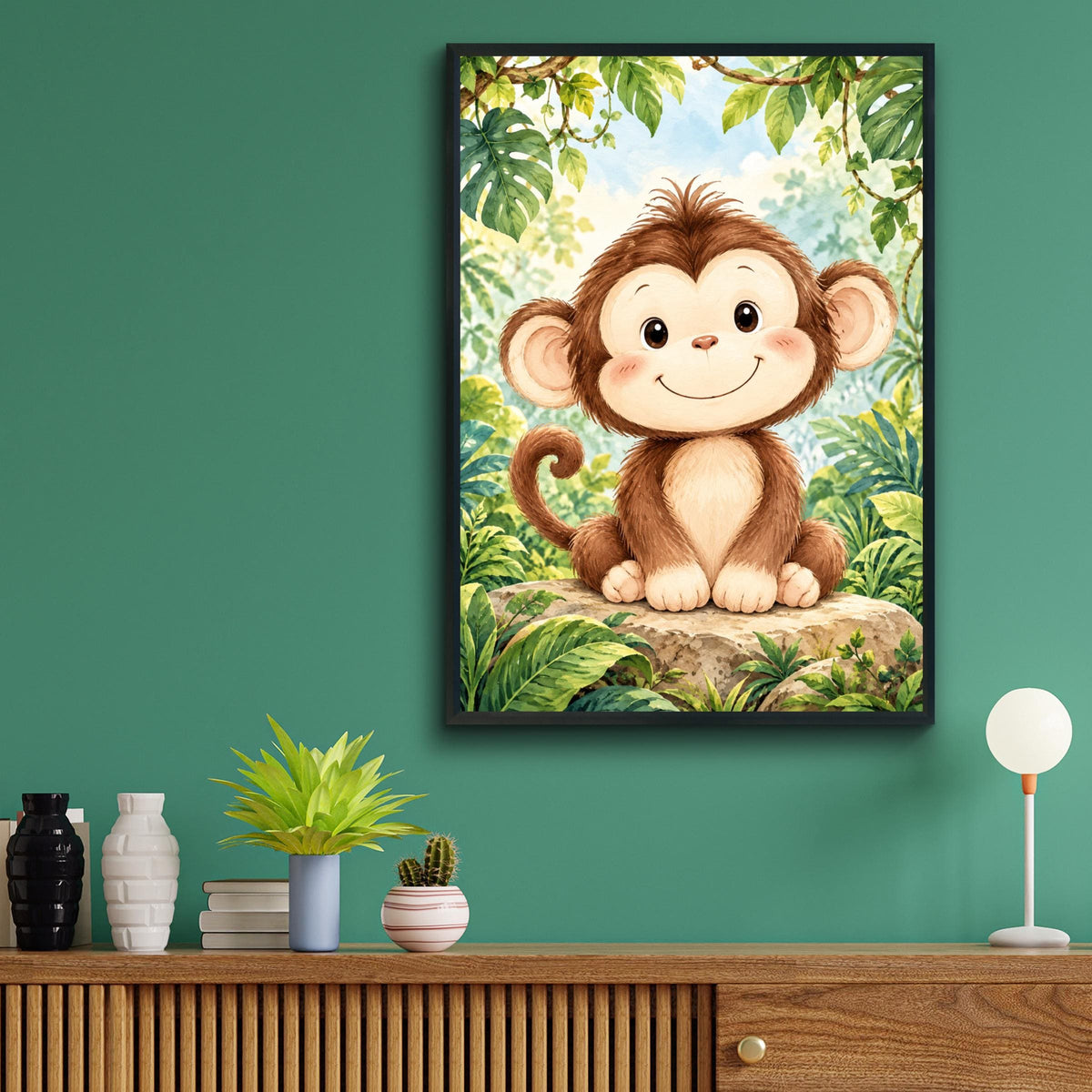 Baby Monkey Nursery Wall Art, Jungle Animal Poster, Watercolour Safari Print, Kids Bedroom Decor