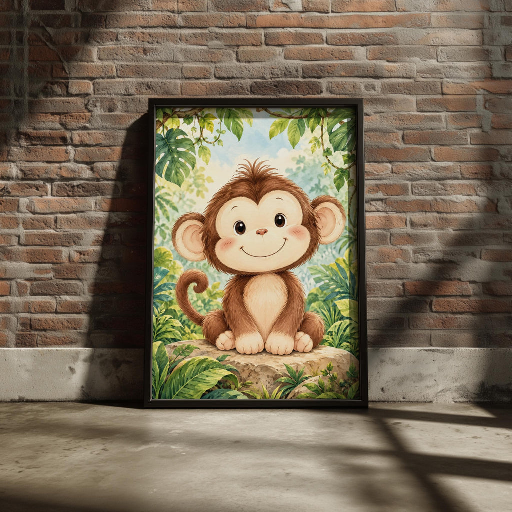 Baby Monkey Nursery Wall Art, Jungle Animal Poster, Watercolour Safari Print, Kids Bedroom Decor