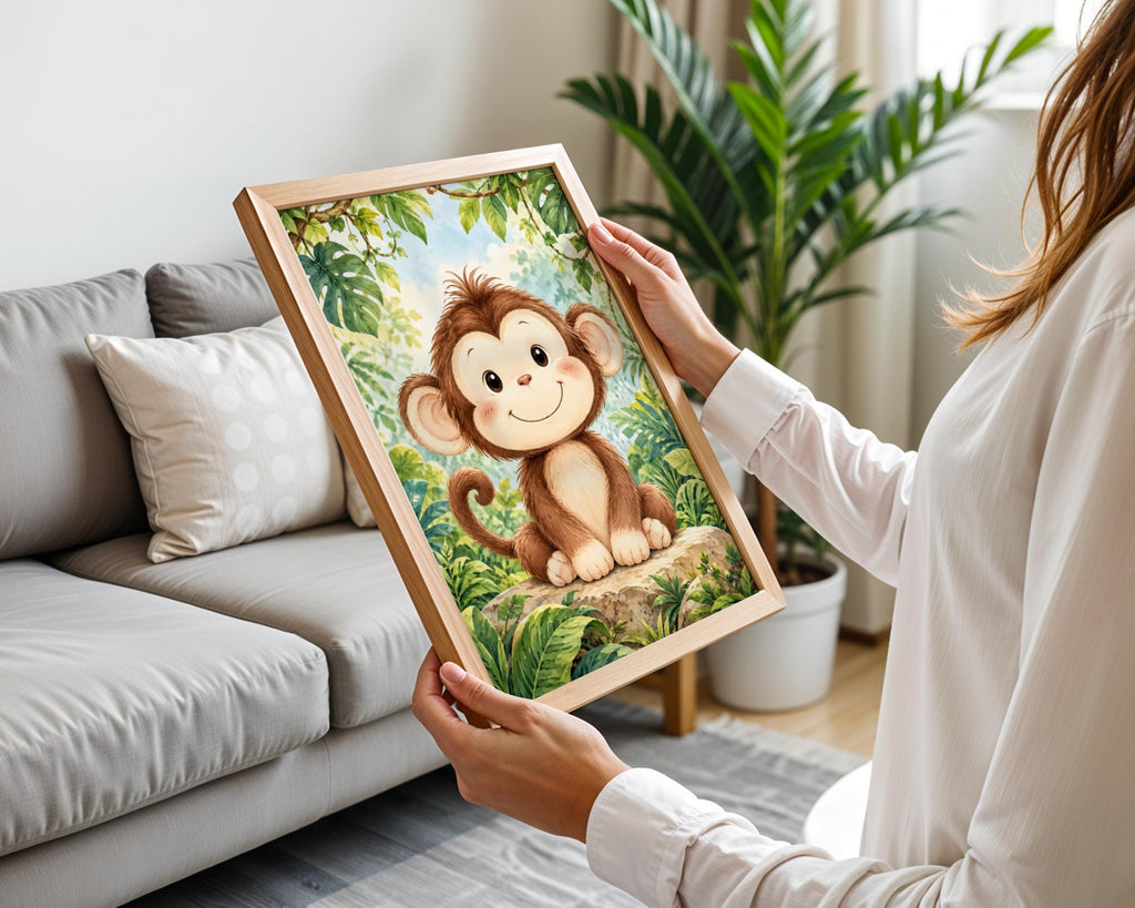 Baby Monkey Nursery Wall Art, Jungle Animal Poster, Watercolour Safari Print, Kids Bedroom Decor