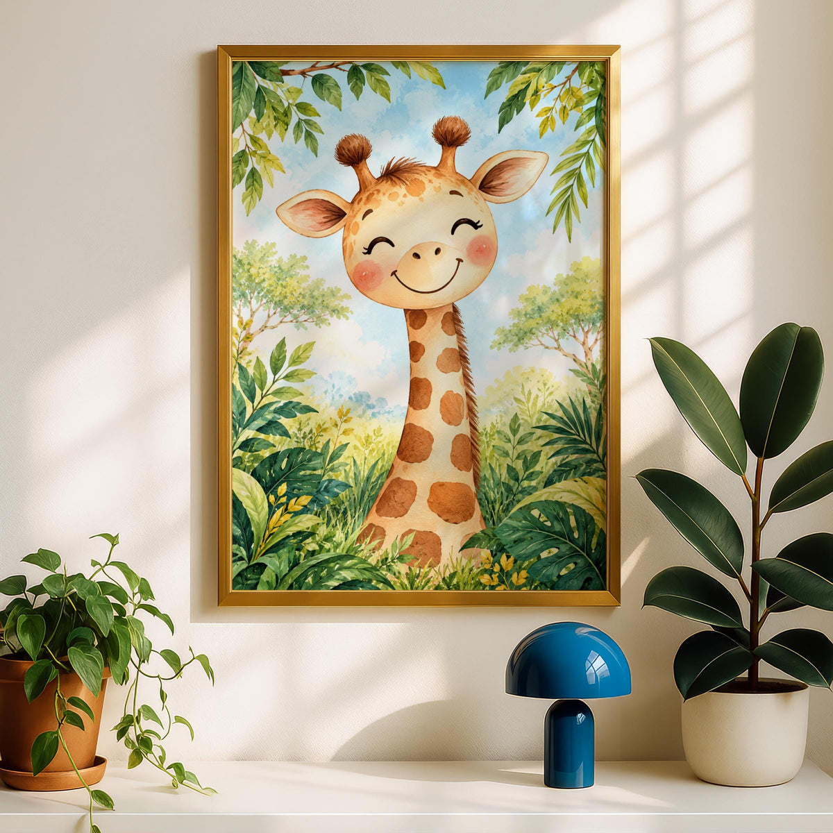 Baby Giraffe Nursery Art Print, Cute Jungle Animal Poster, Watercolour Safari Wall Decor for Kids