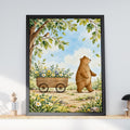 Bear Nursery Wall Art, Woodland Animal Poster, Watercolour Wildflower Print, Robin Bird Illustration