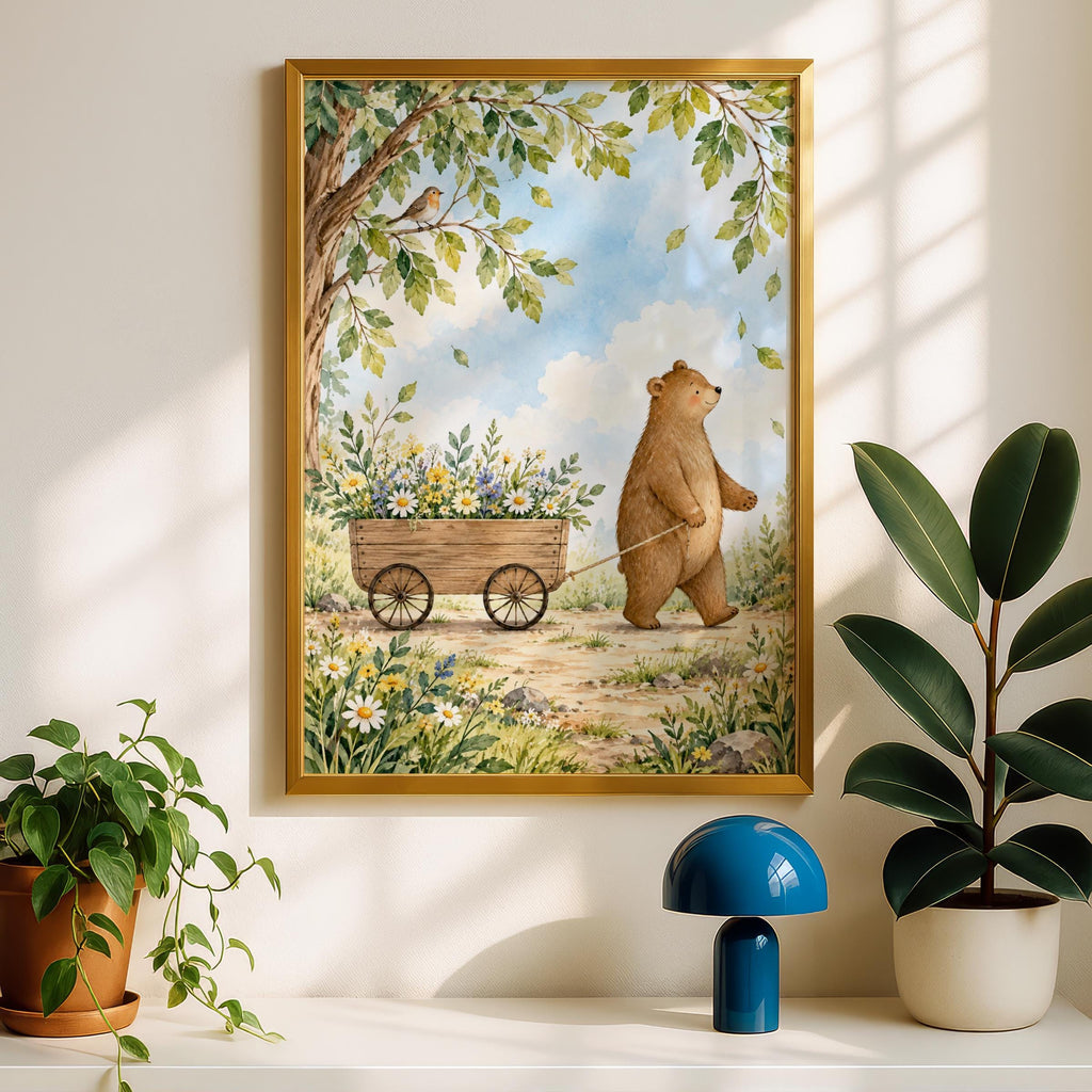 Bear Nursery Wall Art, Woodland Animal Poster, Watercolour Wildflower Print, Robin Bird Illustration