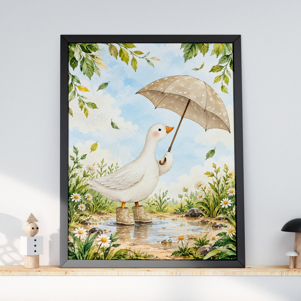 Duck Umbrella Nursery Wall Art, Watercolour Goose in Wellies Print, Daisy Meadow Poster, Kids Room