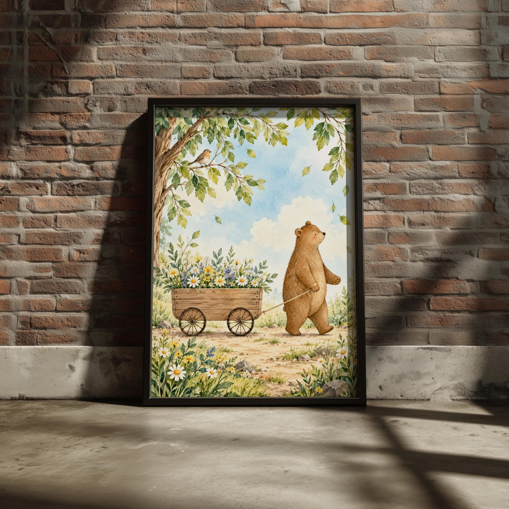 Bear Nursery Wall Art, Woodland Animal Poster, Watercolour Wildflower Print, Robin Bird Illustration