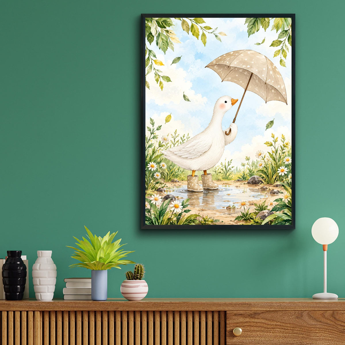 Duck Umbrella Nursery Wall Art, Watercolour Goose in Wellies Print, Daisy Meadow Poster, Kids Room