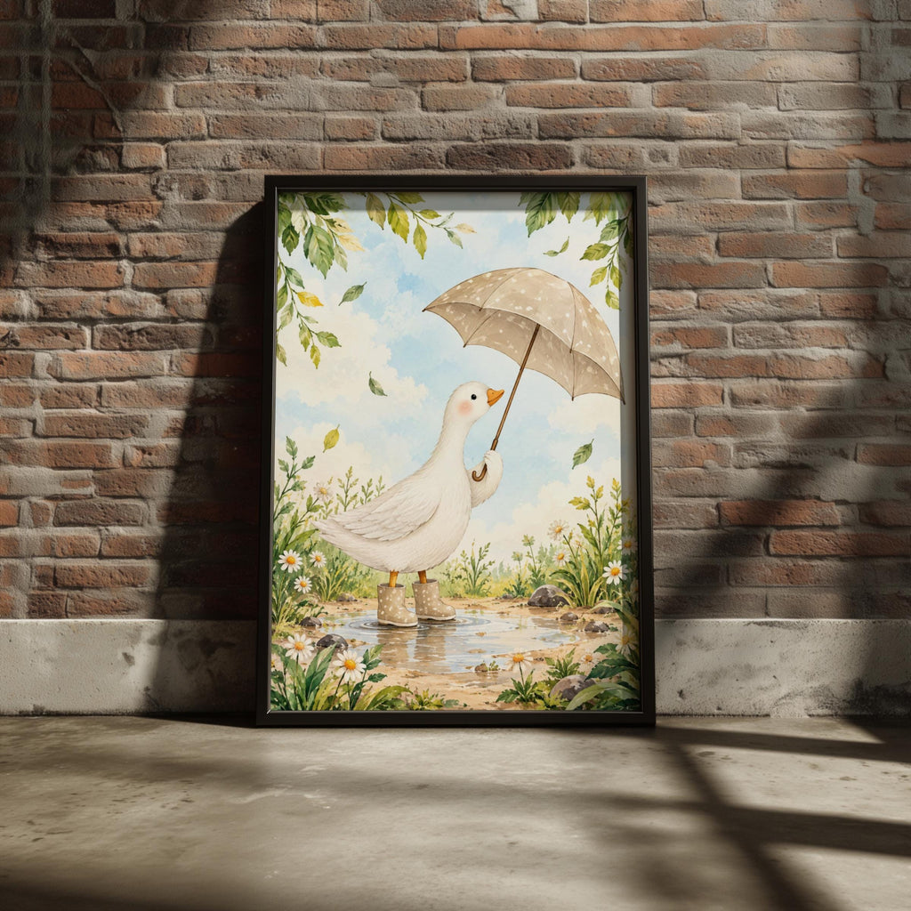Duck Umbrella Nursery Wall Art, Watercolour Goose in Wellies Print, Daisy Meadow Poster, Kids Room