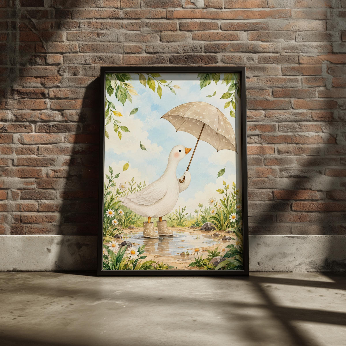 Duck Umbrella Nursery Wall Art, Watercolour Goose in Wellies Print, Daisy Meadow Poster, Kids Room