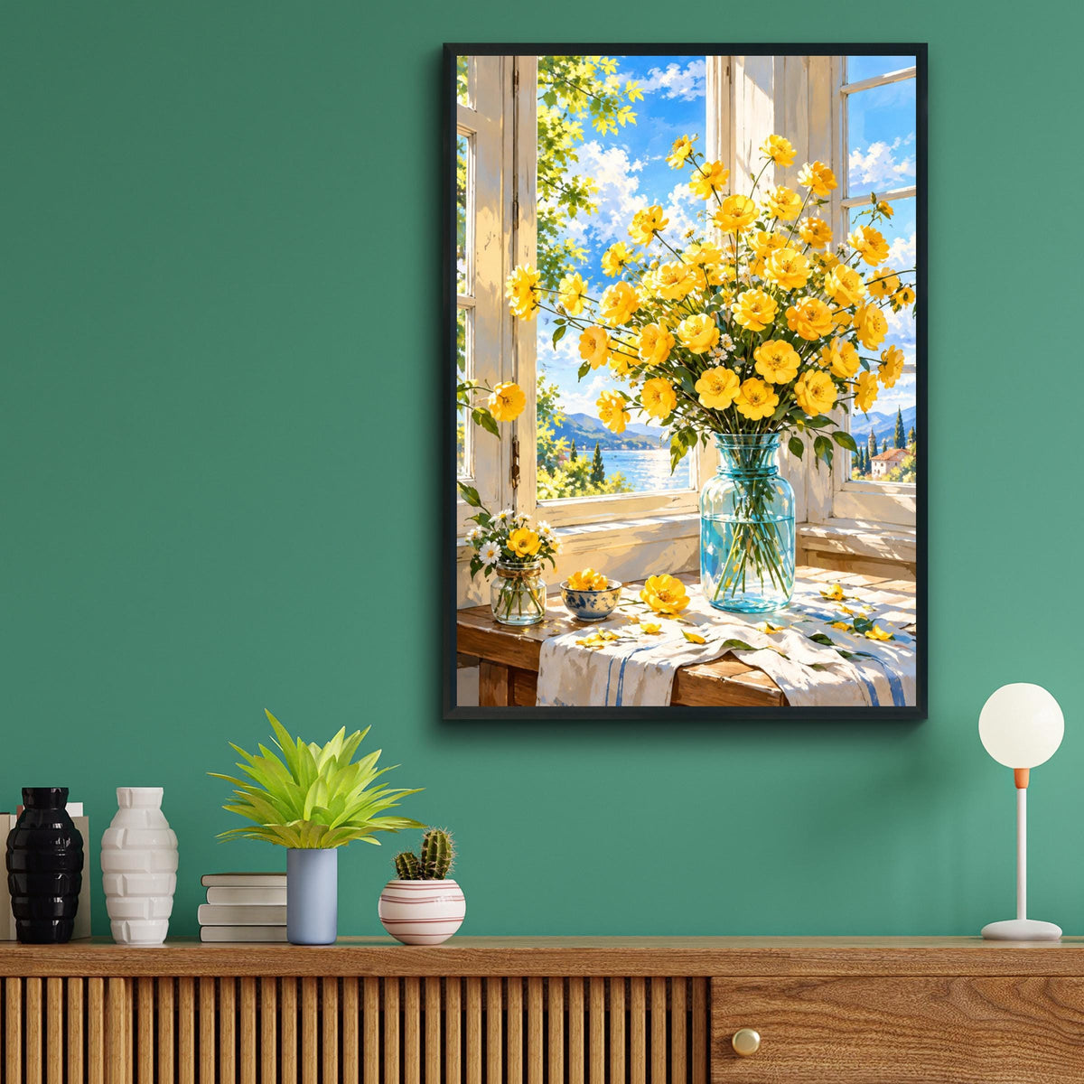 Yellow Flowers Wall Art, Sunny Window Floral Print, Botanical Still Life Poster, Mediterranean View