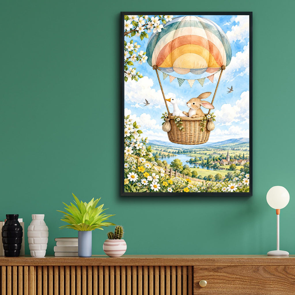 Bunny and Goose Hot Air Balloon Nursery Print, Watercolour Rainbow Balloon Wall Art, Countryside