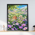Anime Girl and Dog Flower Meadow Print, Cosmos Floral Wall Art, Kawaii Nursery Poster