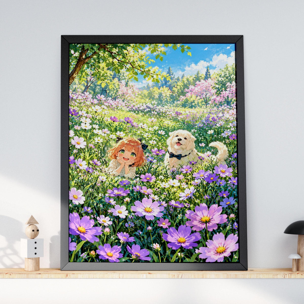 Anime Girl and Dog Flower Meadow Print, Cosmos Floral Wall Art, Kawaii Nursery Poster
