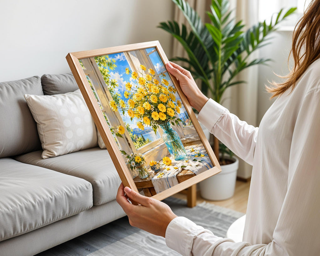 Yellow Flowers Wall Art, Sunny Window Floral Print, Botanical Still Life Poster, Mediterranean View