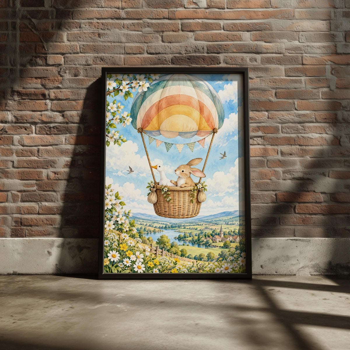 Bunny and Goose Hot Air Balloon Nursery Print, Watercolour Rainbow Balloon Wall Art, Countryside