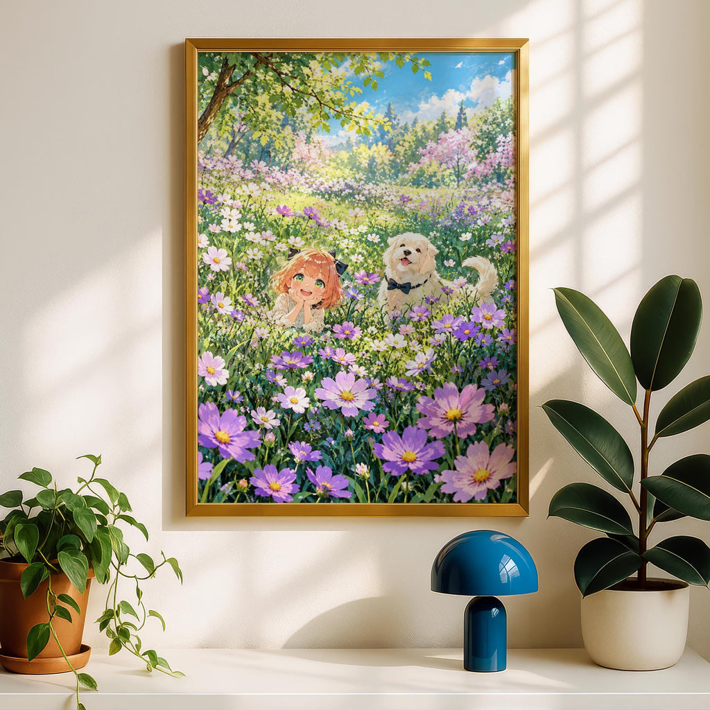 Anime Girl and Dog Flower Meadow Print, Cosmos Floral Wall Art, Kawaii Nursery Poster