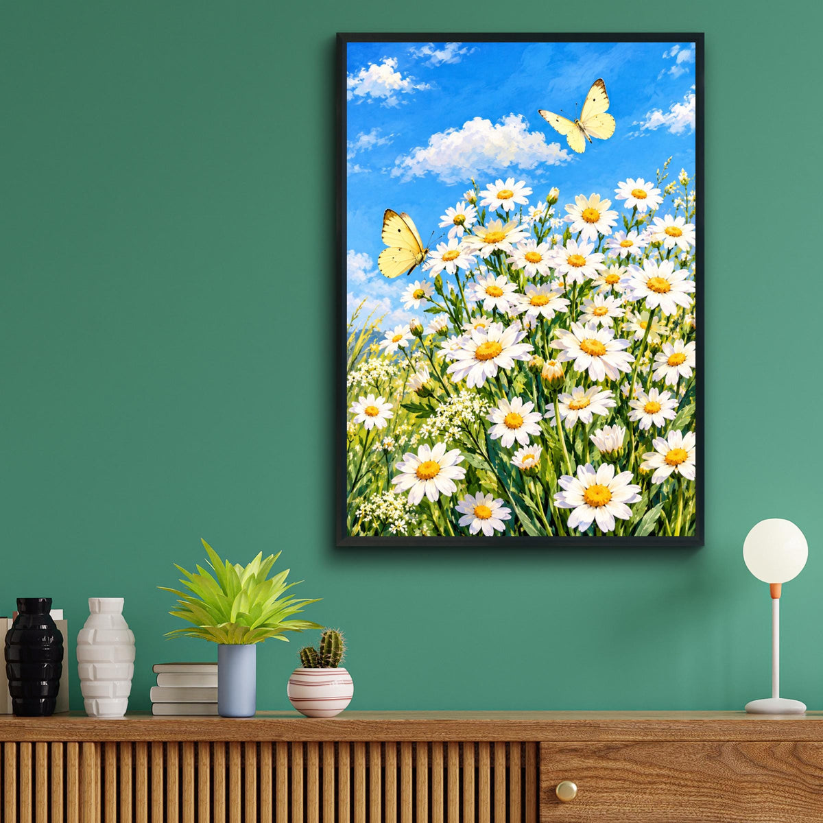 Daisy Meadow Wall Art, Yellow Butterfly Print, Spring Floral Poster, Blue Sky Wildflower Painting